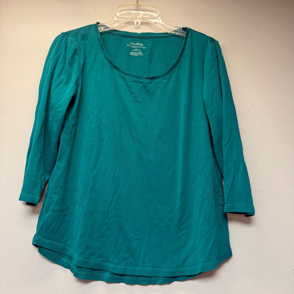 Chico's The Ultimate Tee Womens 1 Medium Teal Excellent 3/4 Sleeve Cotton Scoop